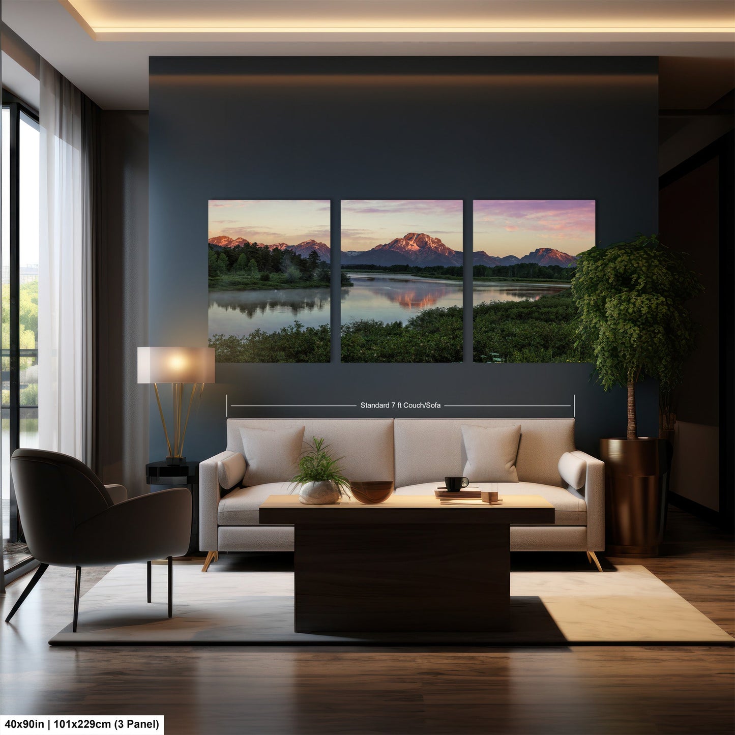 a living room filled with furniture and a painting on the wall