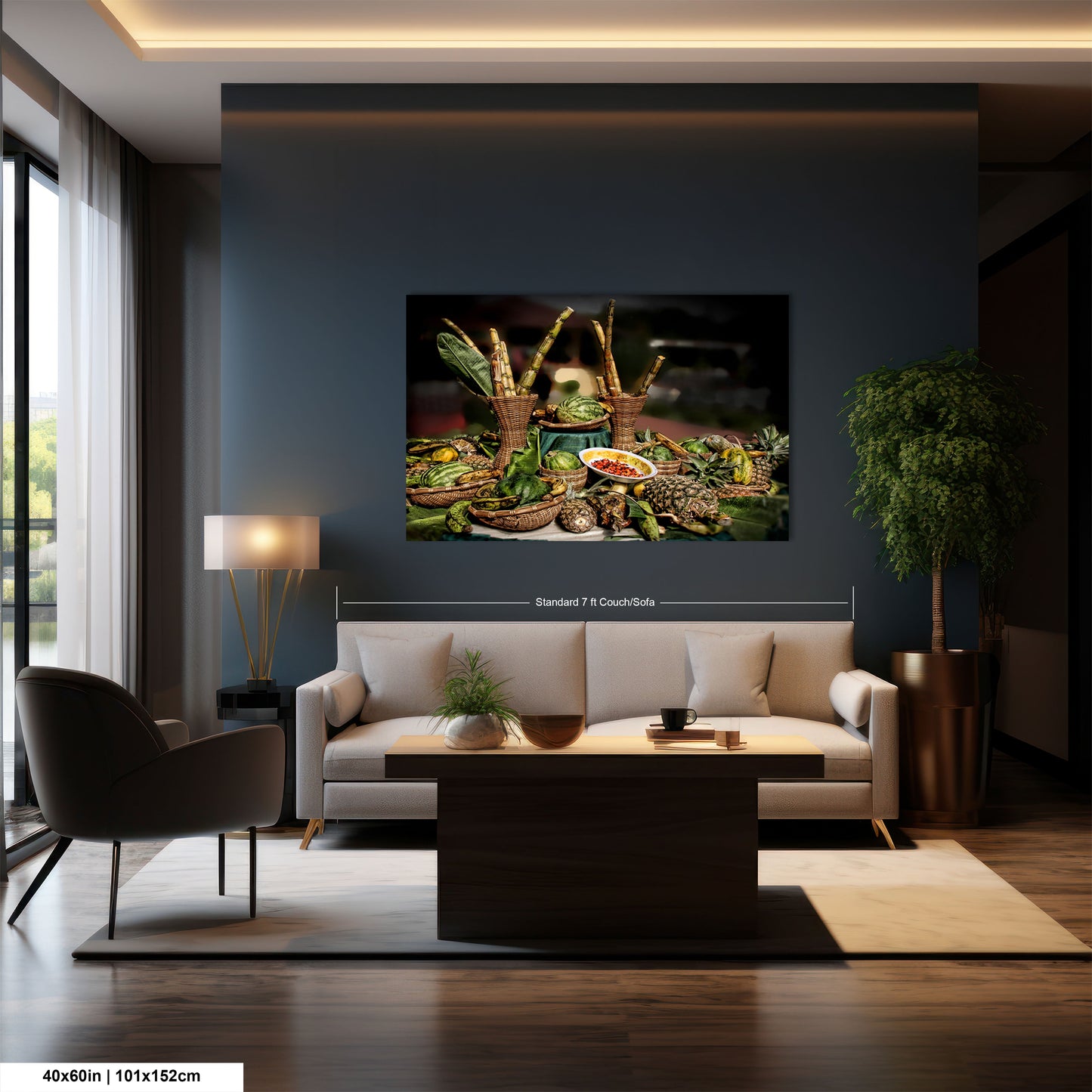 a living room filled with furniture and a painting on the wall