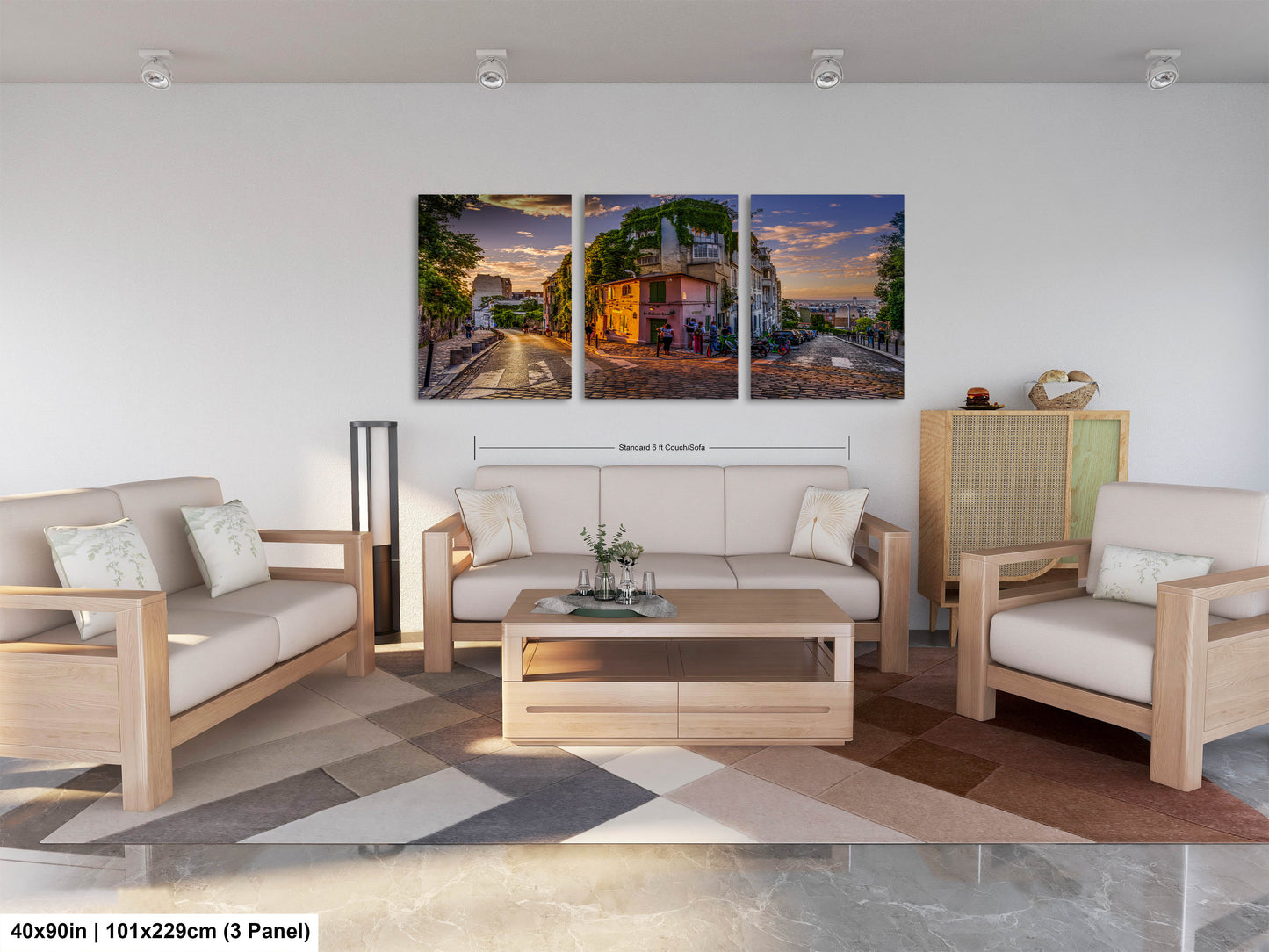 a living room filled with furniture and a painting on the wall