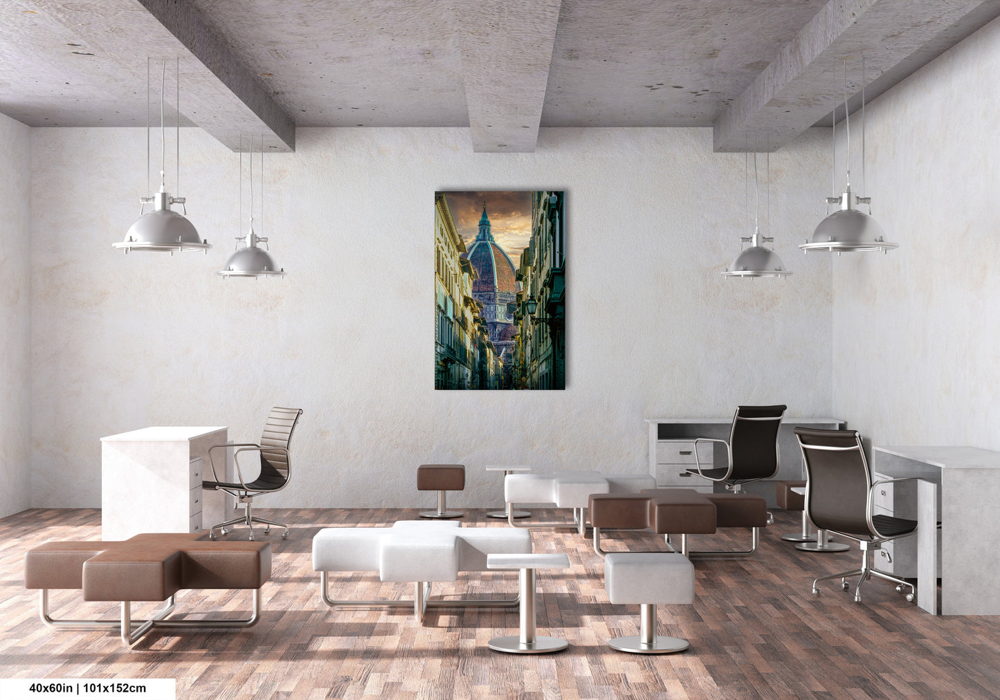 a room with a lot of chairs and a painting on the wall