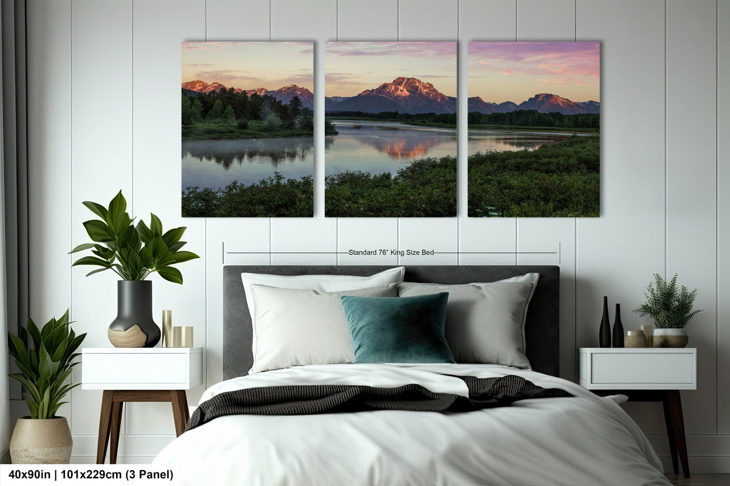 a bedroom scene with a bed and two paintings on the wall
