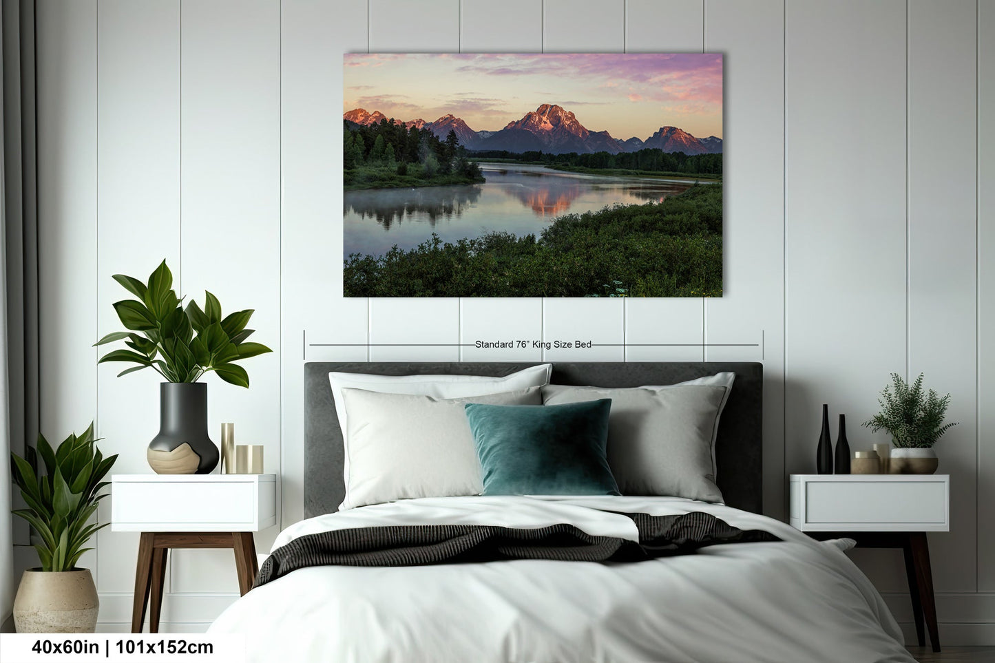 a bedroom with a bed and a painting on the wall