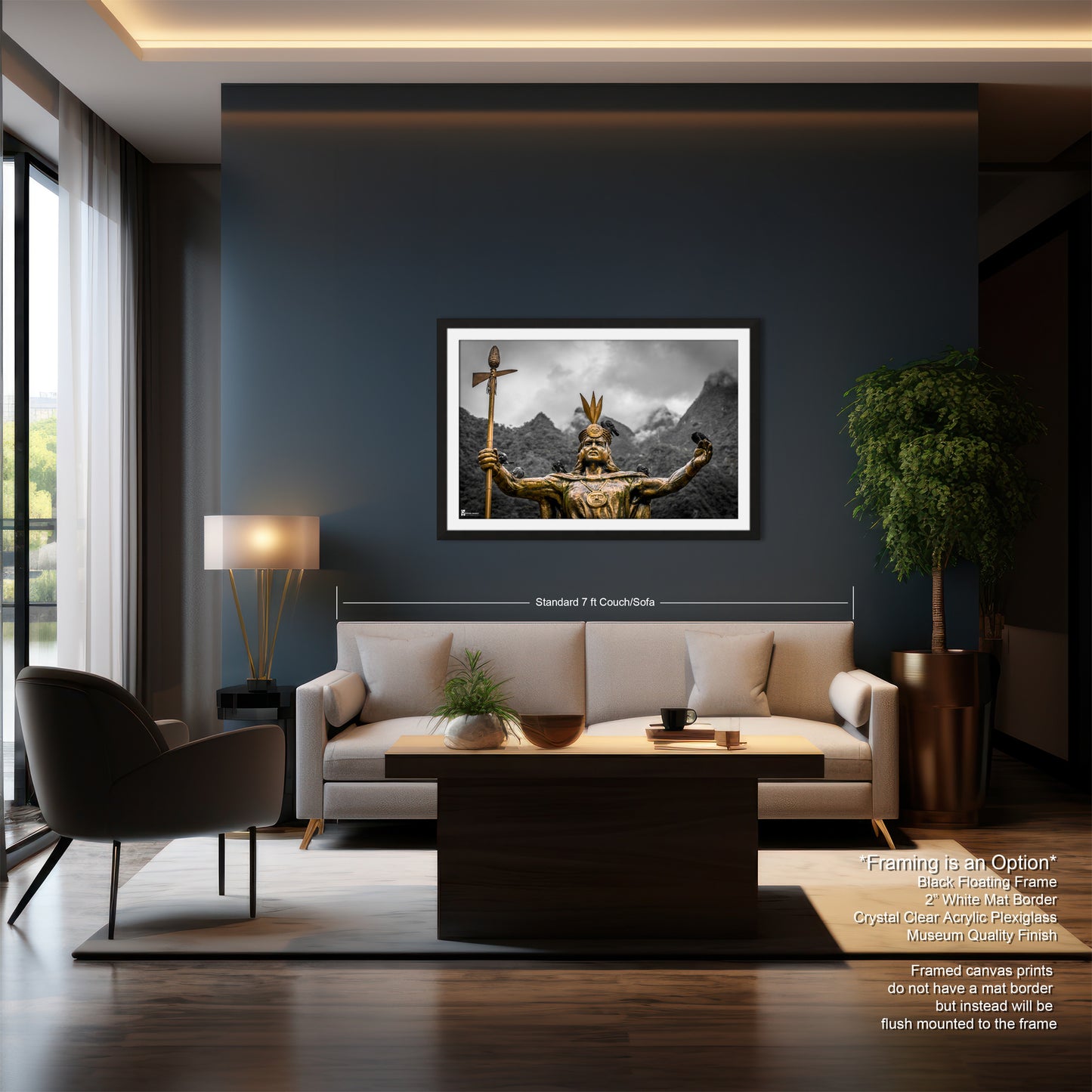 a living room with a couch a chair and a painting