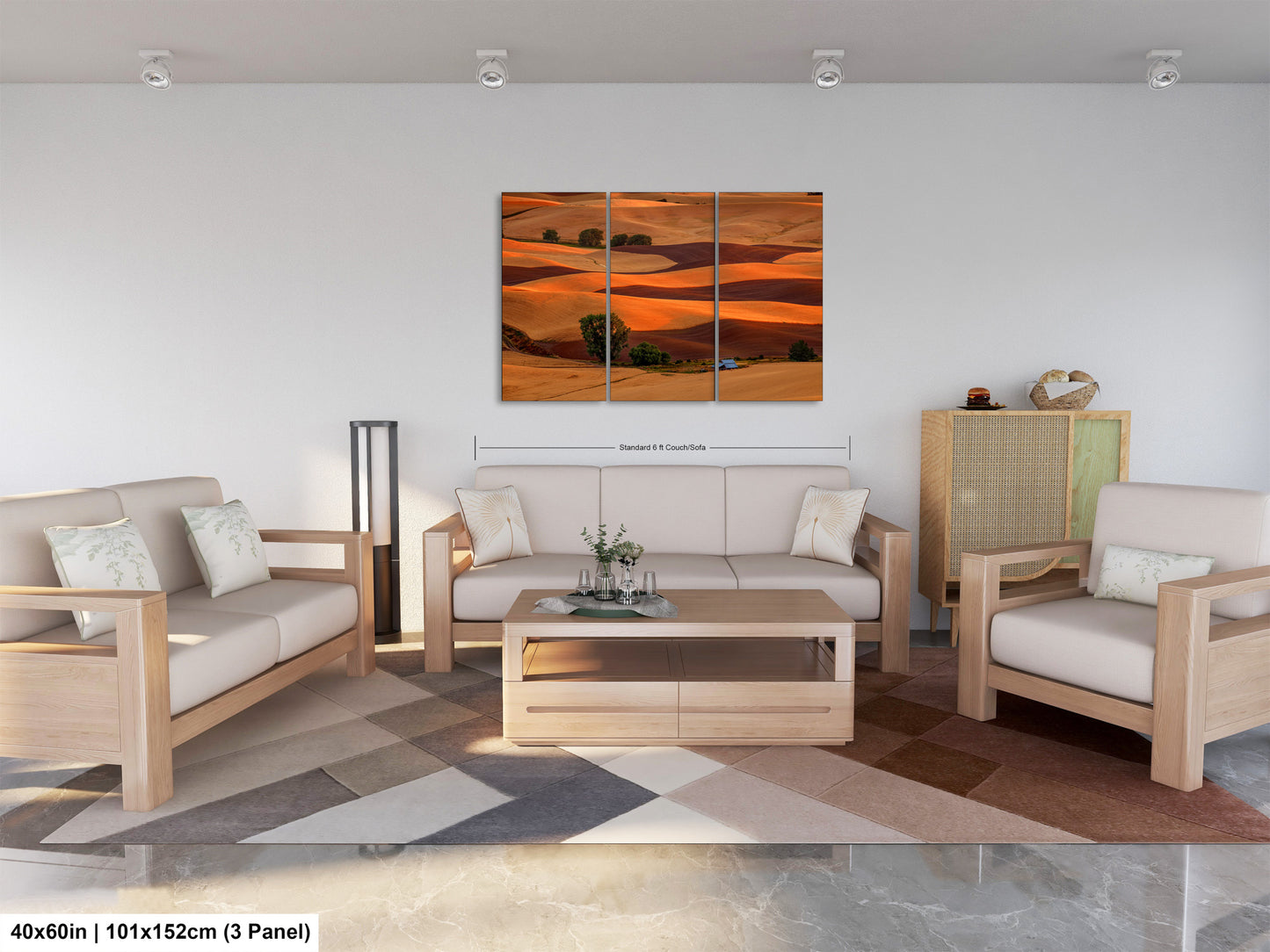 a living room filled with furniture and a painting on the wall
