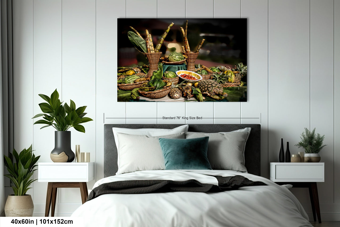 a bedroom with a bed and a painting on the wall
