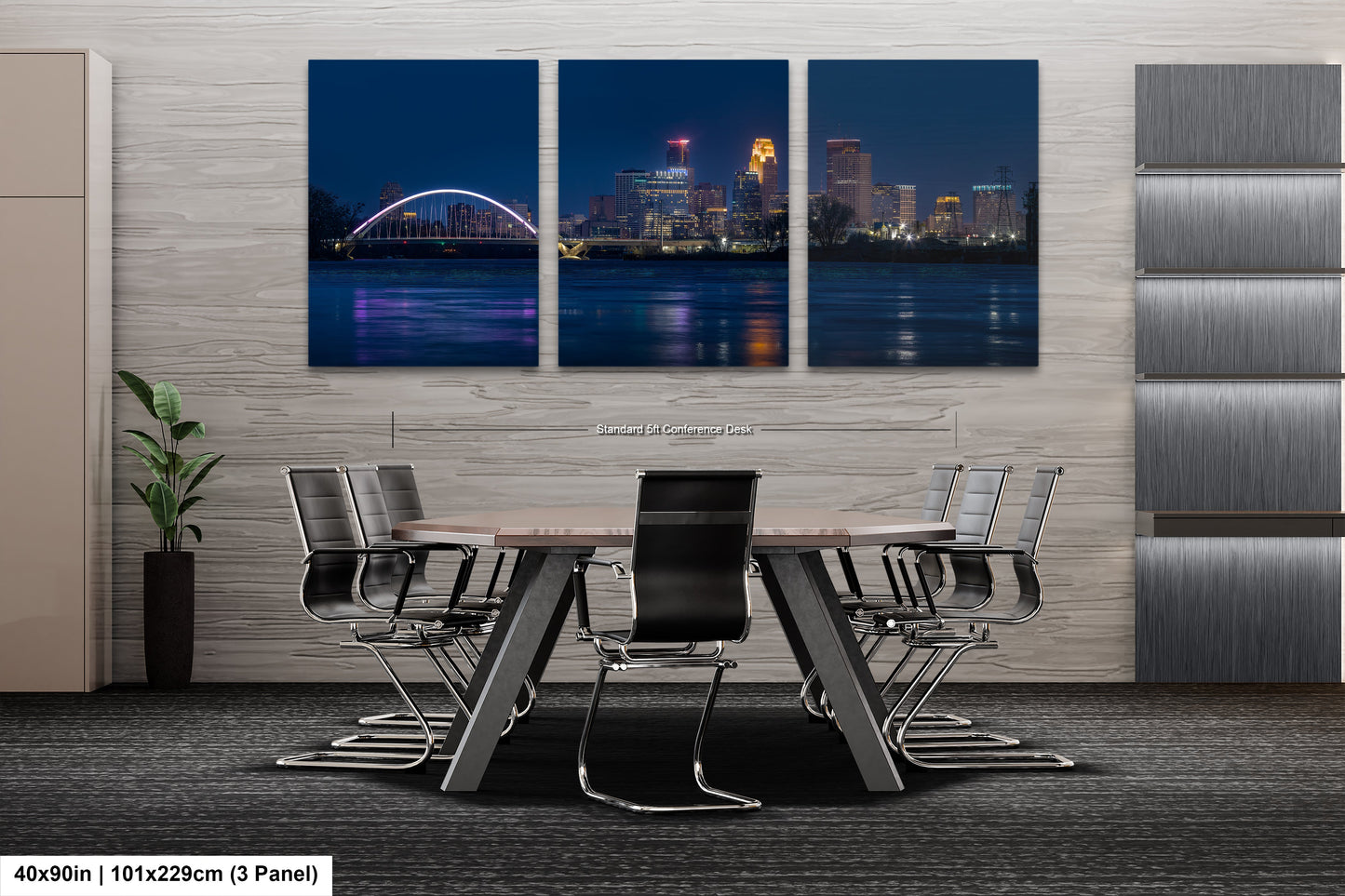a dining room table with a view of a city at night