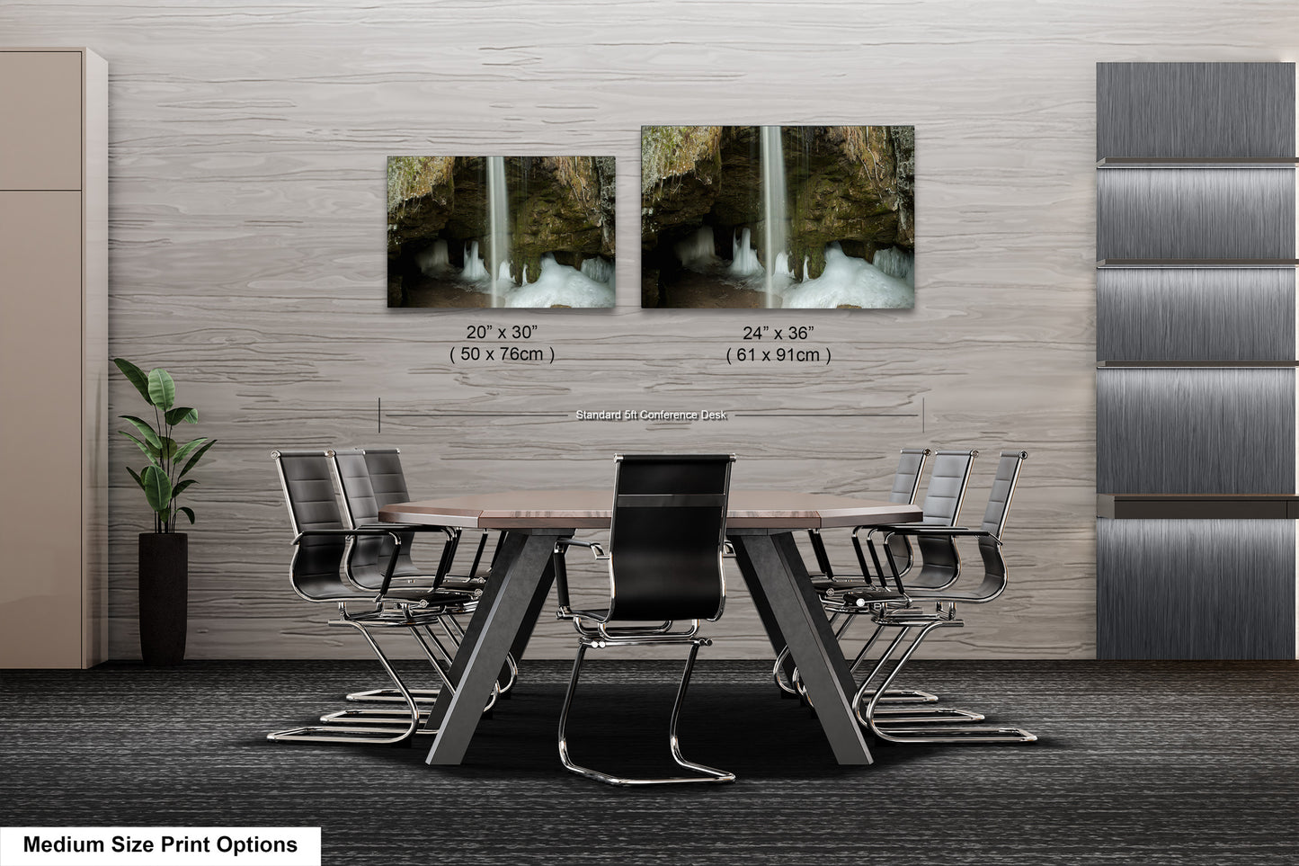 a dining room table with chairs and a waterfall in the background