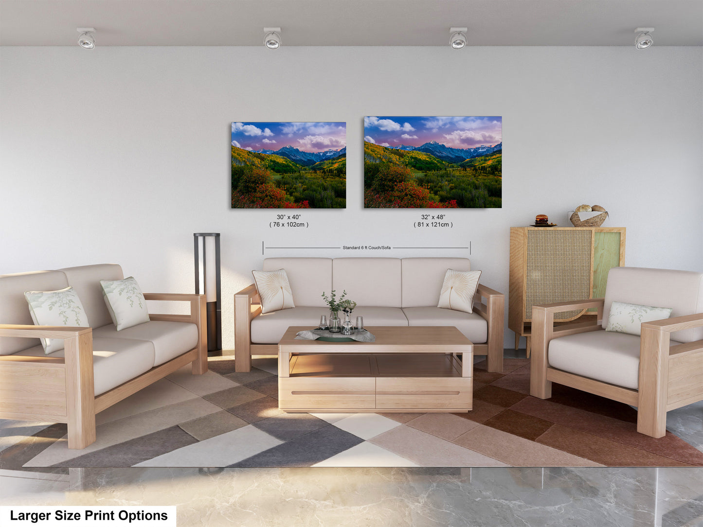 a living room filled with furniture and a painting on the wall