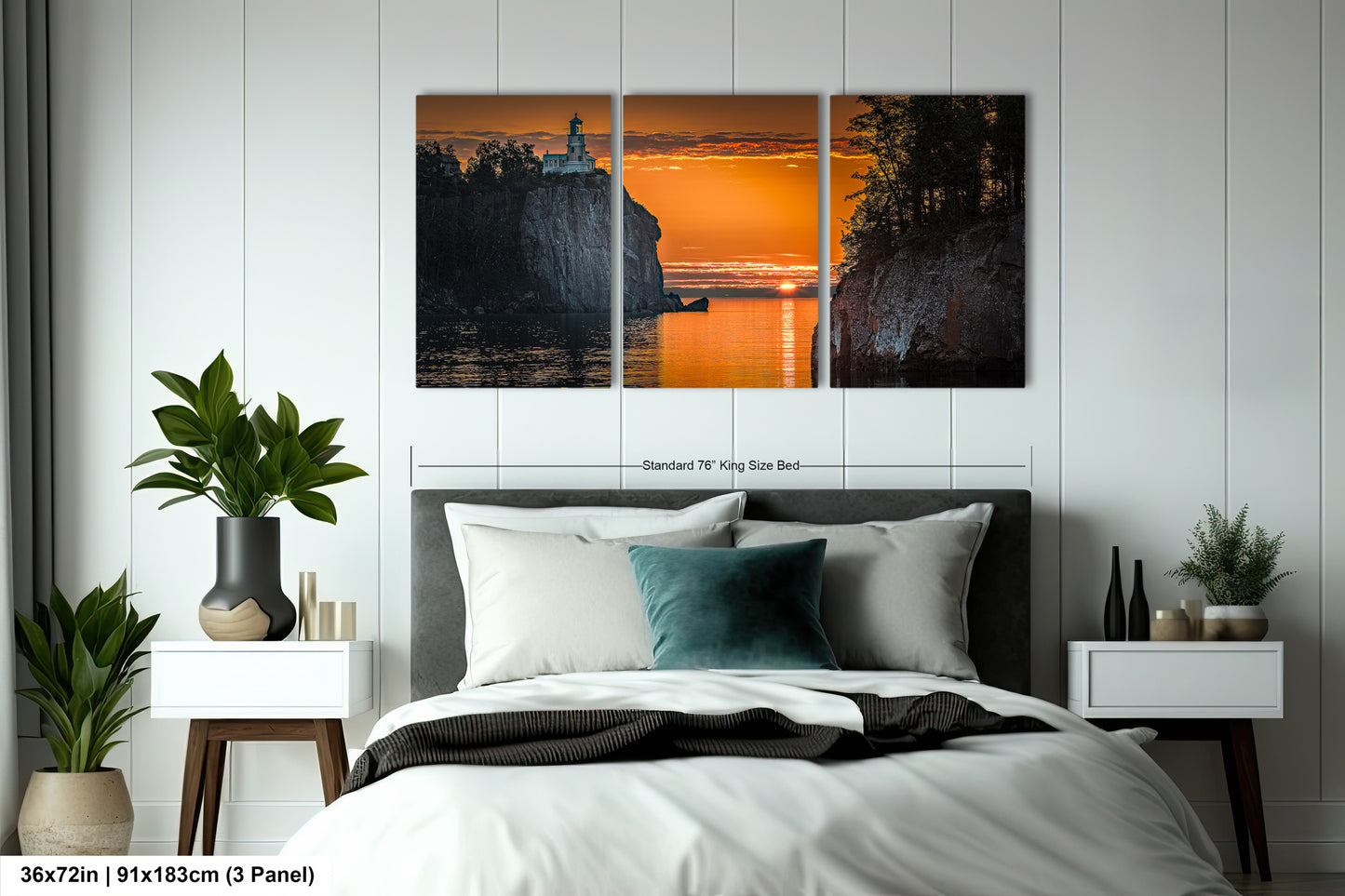 a bedroom with a large bed and a painting on the wall