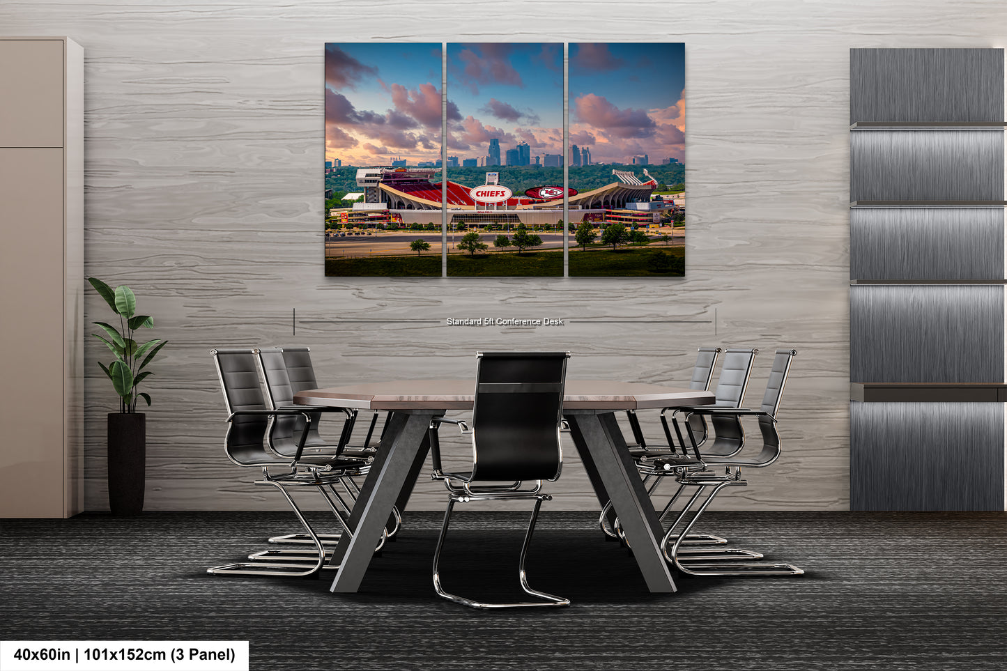 a dining room table with chairs in front of a cityscape