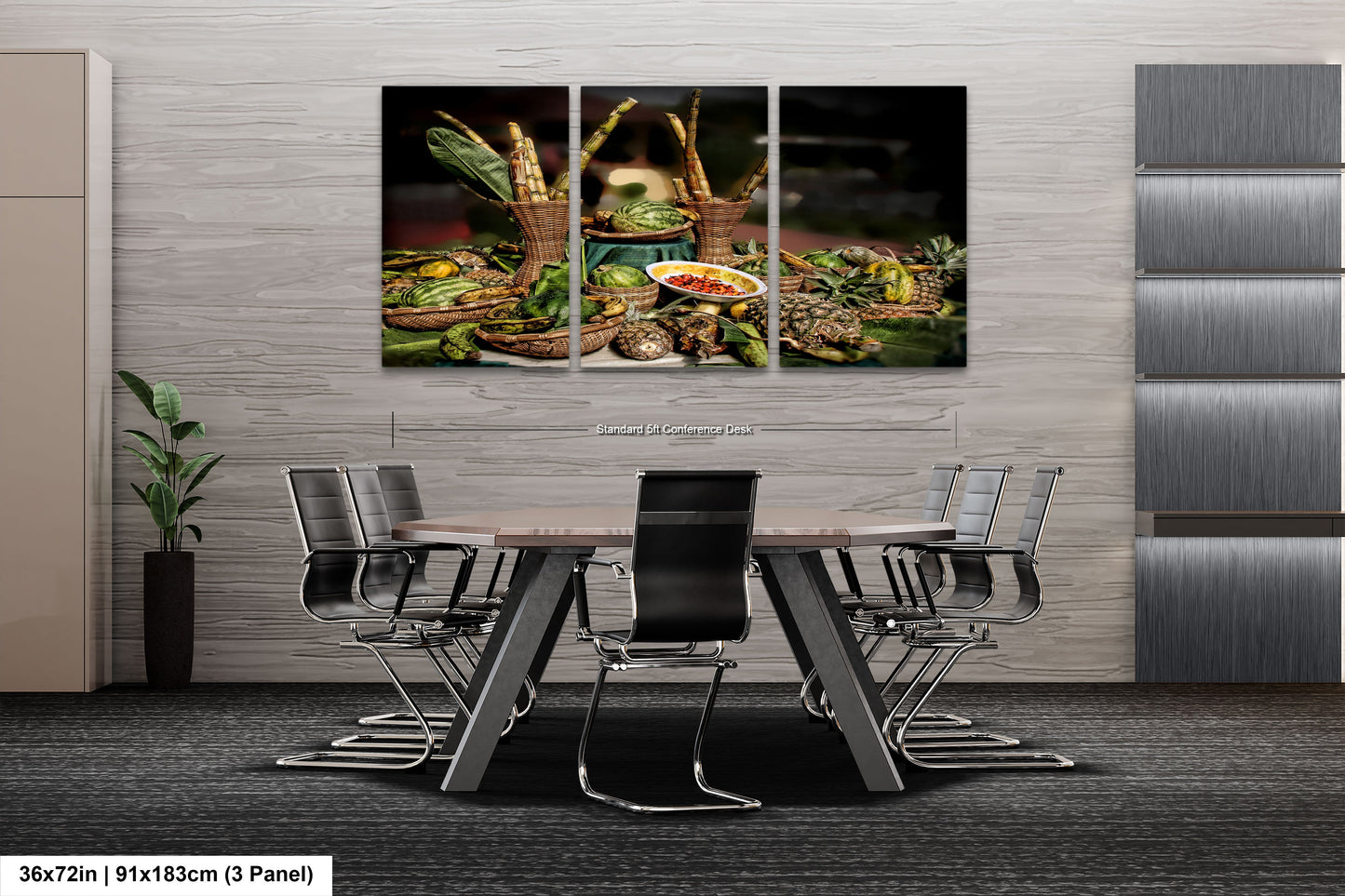 a dining room table with chairs and a wall hanging