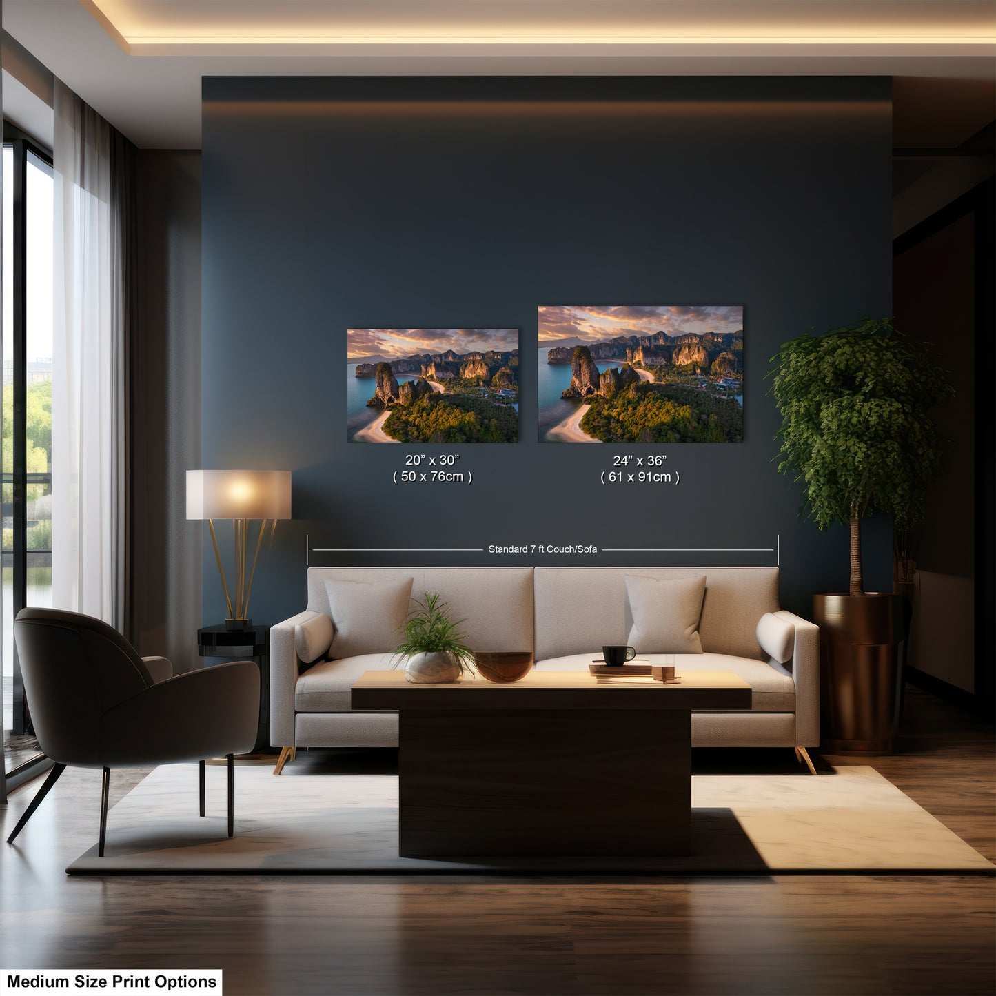 a living room with a couch and two pictures on the wall