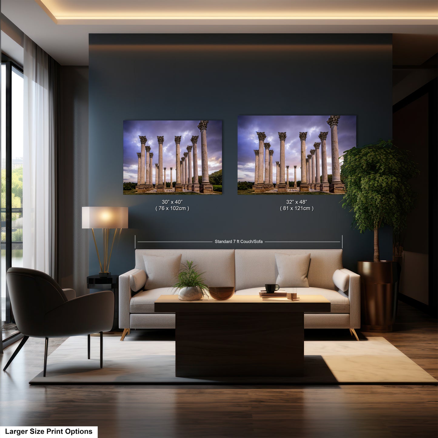 a living room filled with furniture and a painting on the wall