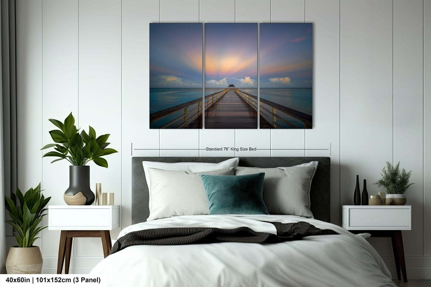 a bedroom with a bed and a painting on the wall