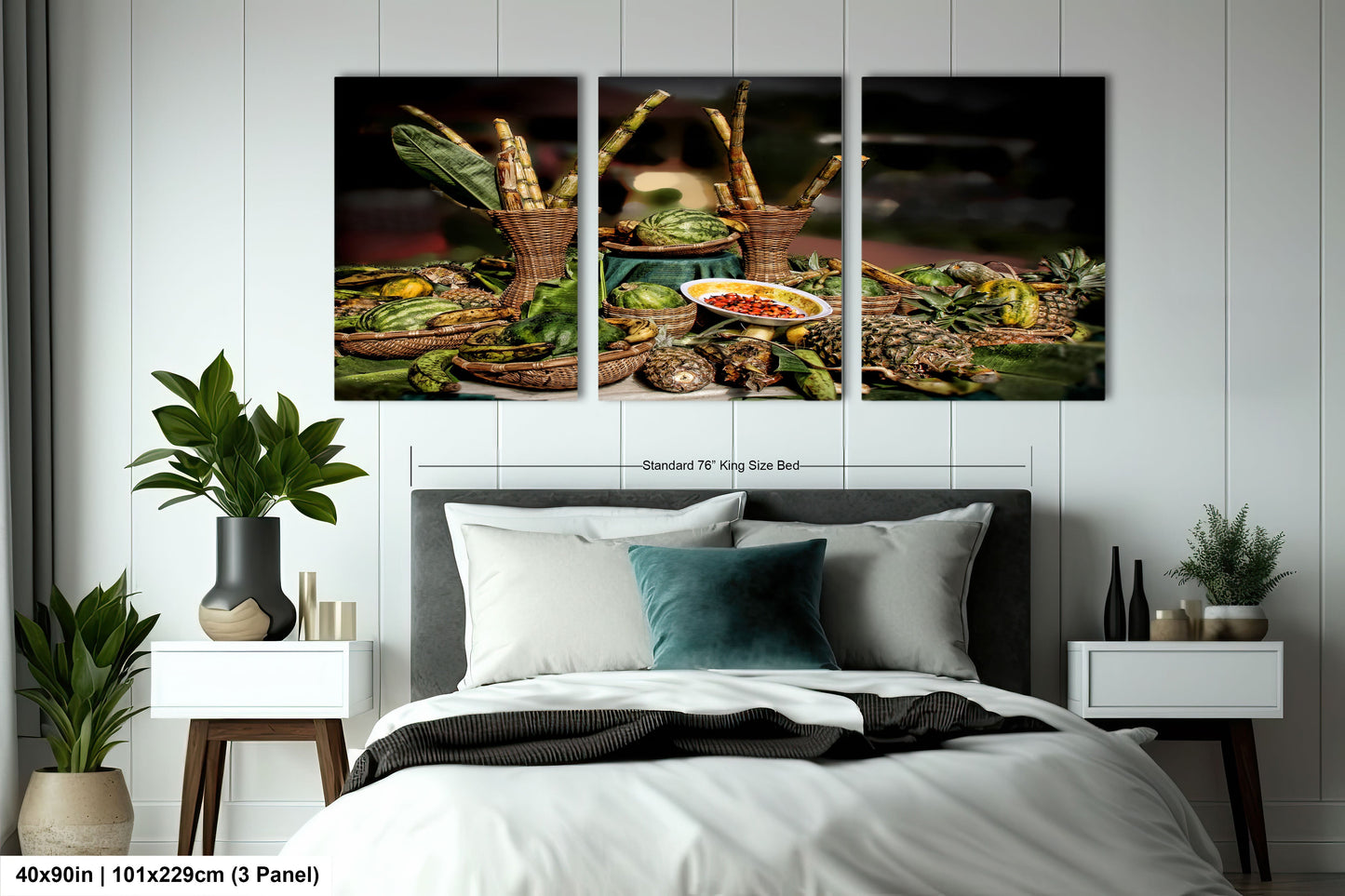 a bed room with a neatly made bed and paintings on the wall