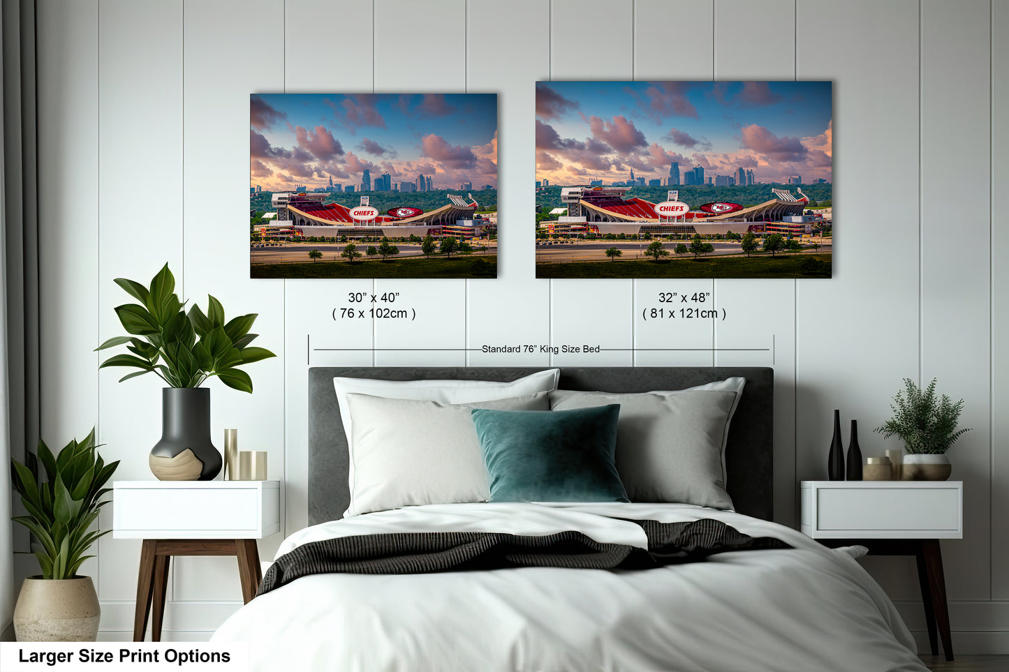 a bedroom with two pictures of airplanes on the wall