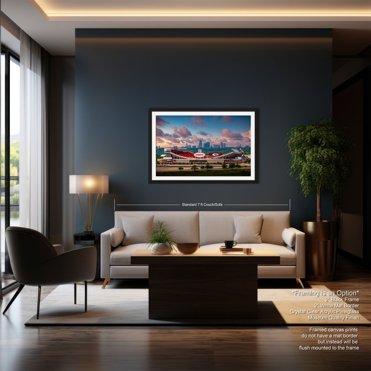 a living room with a couch a chair and a painting on the wall