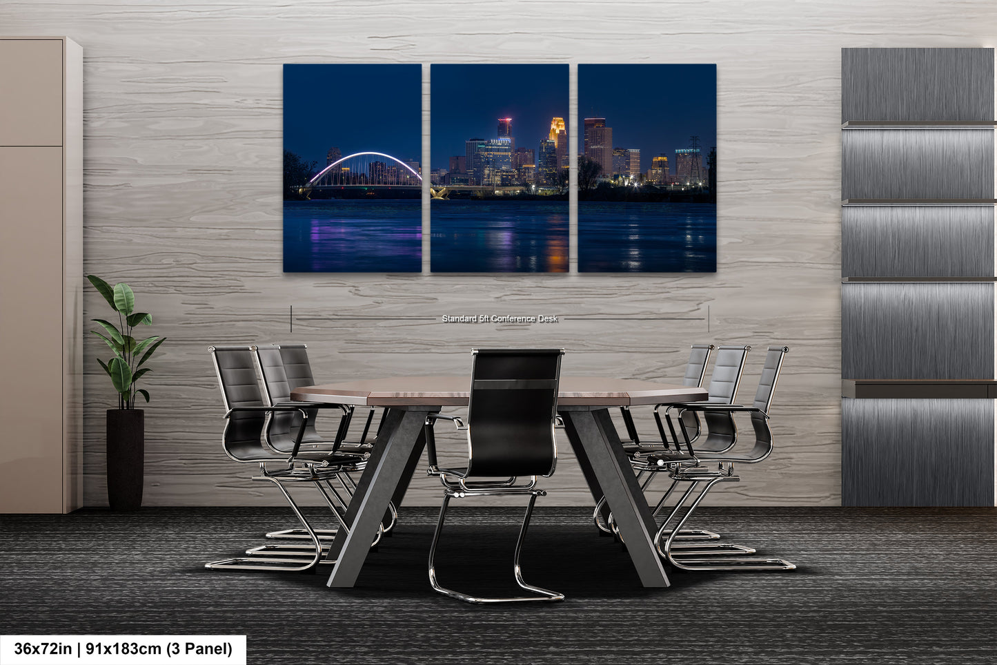 a dining room table with a view of a city at night