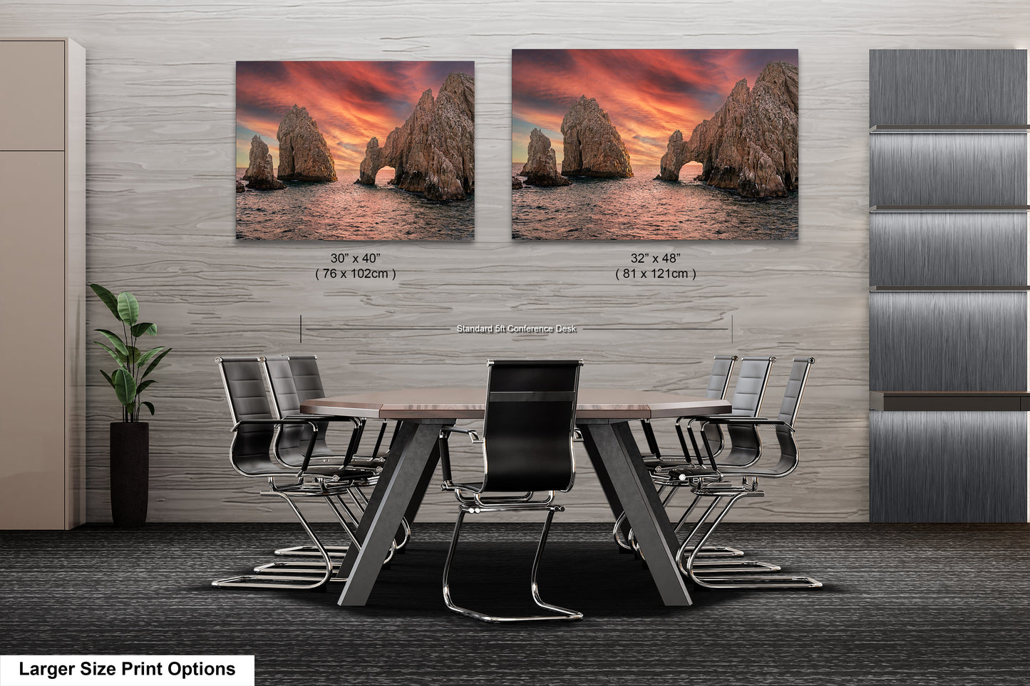 a dining room table with chairs and two pictures on the wall