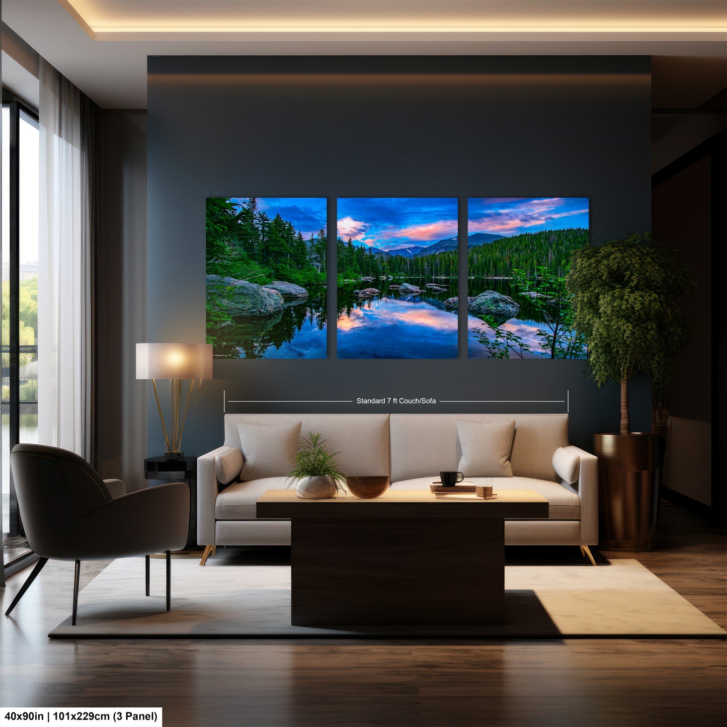 a living room filled with furniture and a painting on the wall