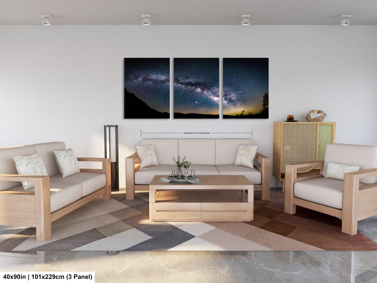a living room filled with furniture and a painting on the wall
