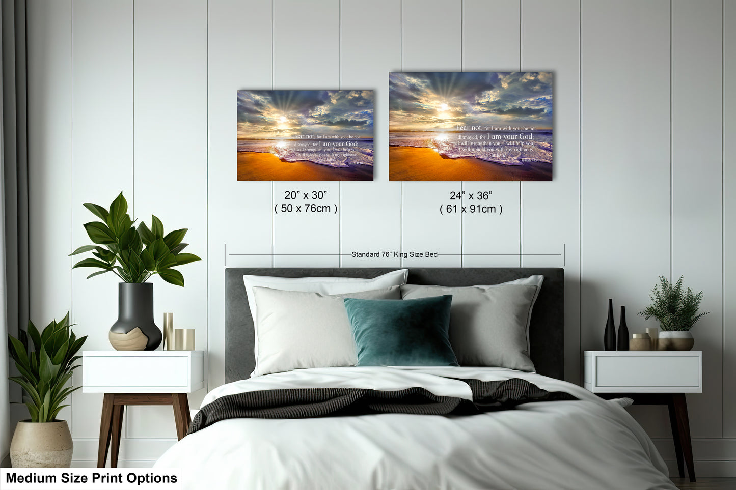 a bedroom with a bed and two pictures on the wall