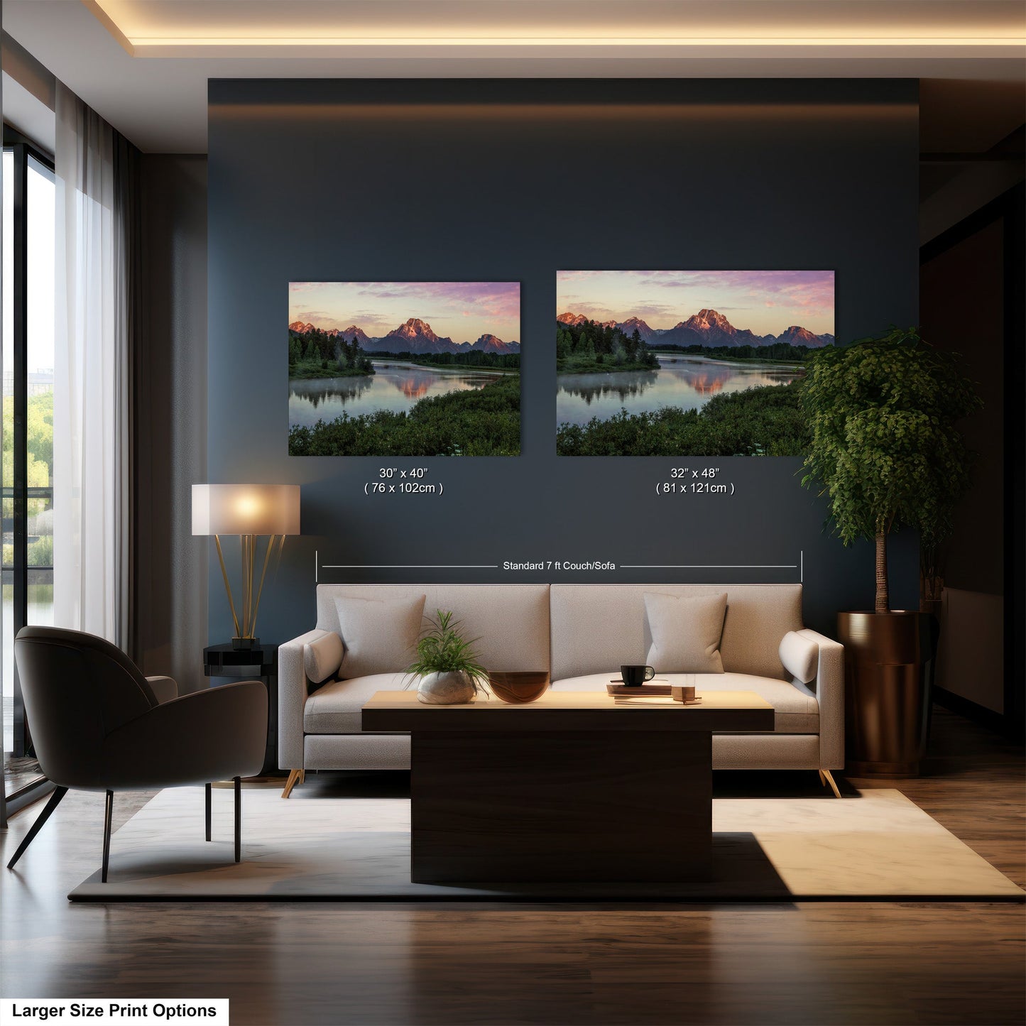 a living room filled with furniture and a painting on the wall