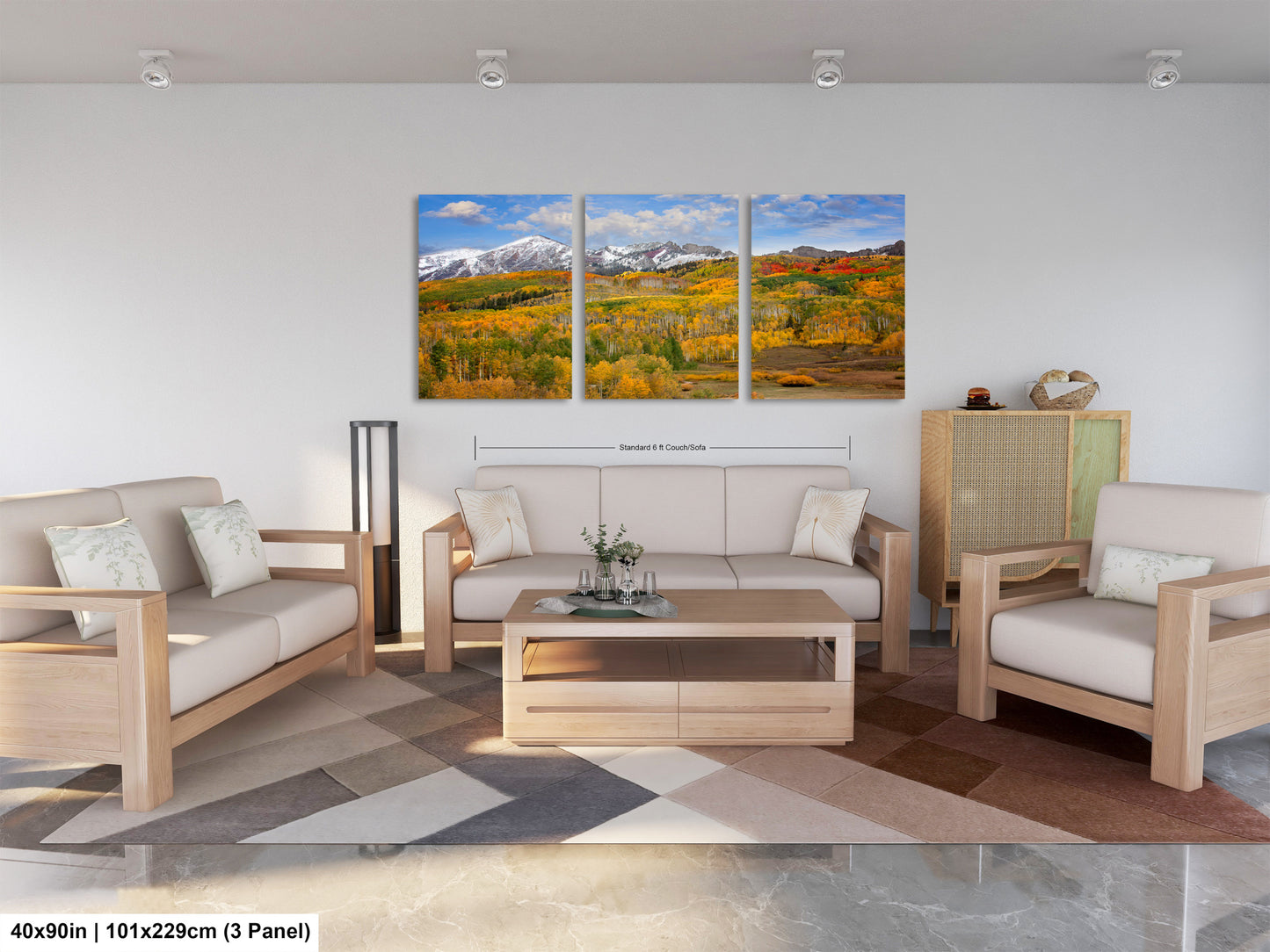 a living room filled with furniture and a painting on the wall