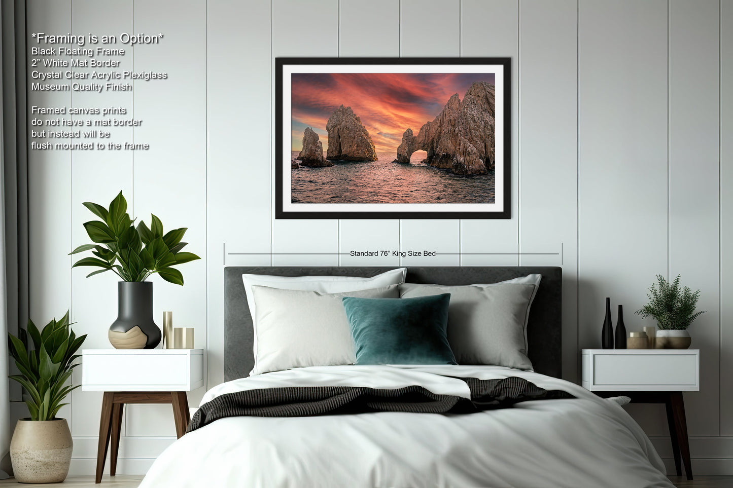 a bedroom with a bed and a picture on the wall