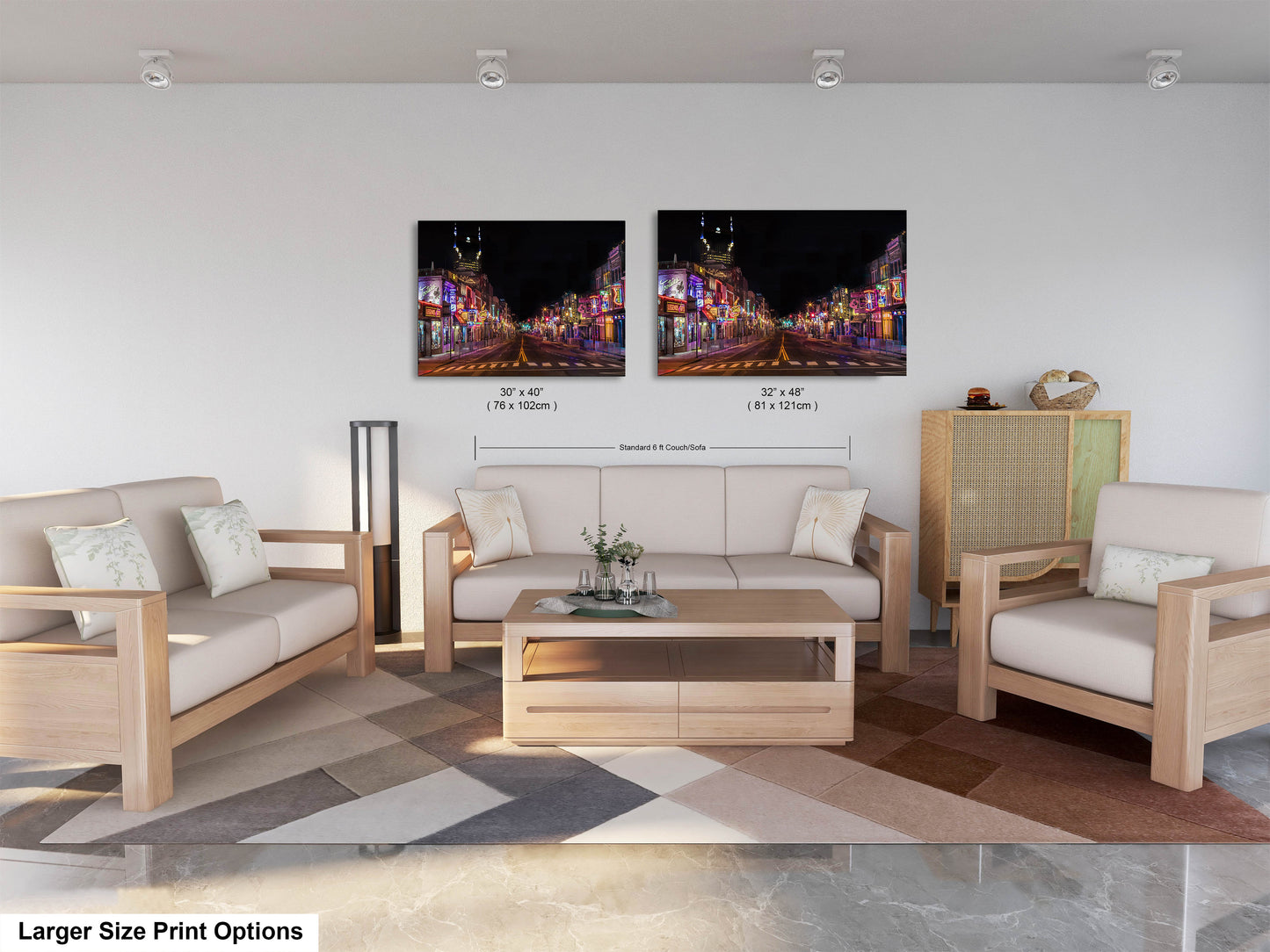 a living room filled with furniture and a painting on the wall
