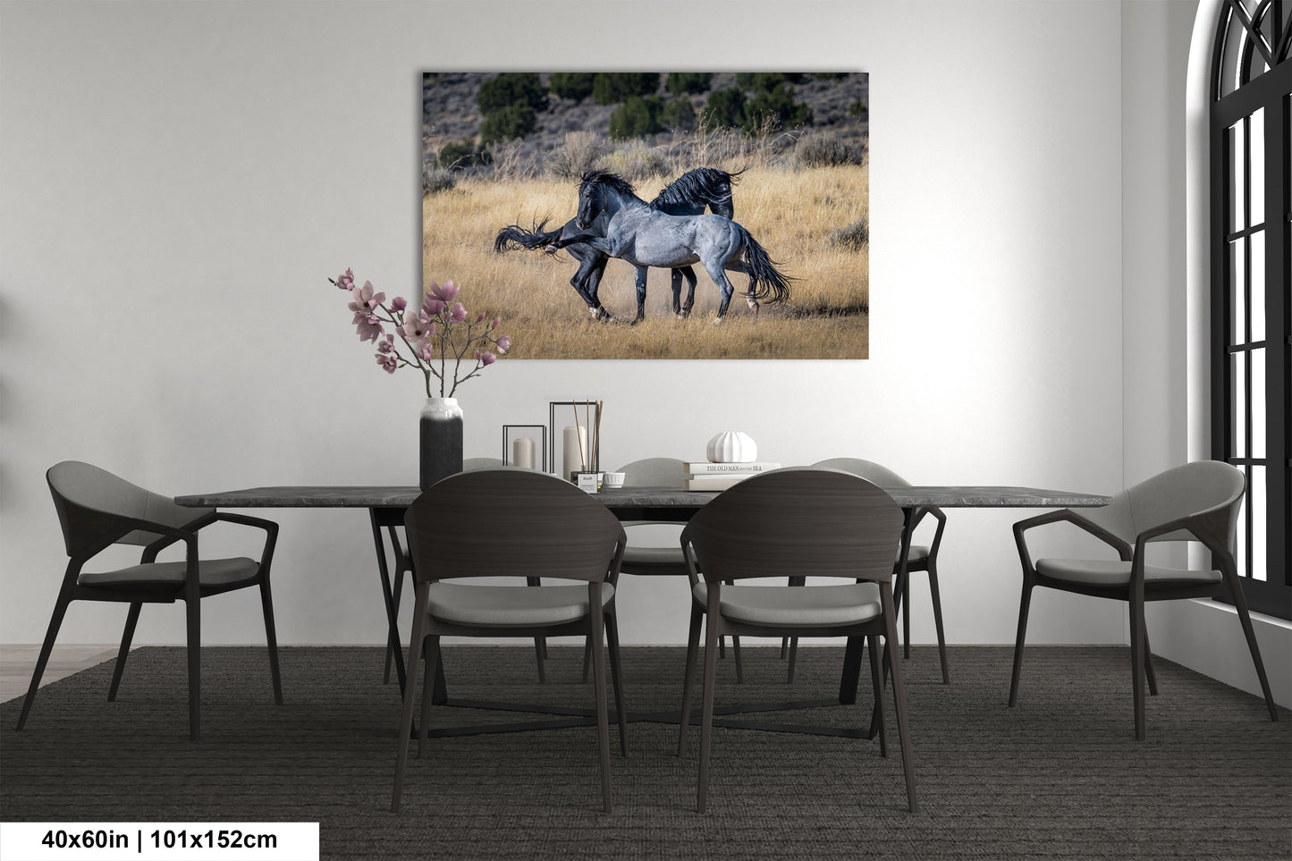 a painting of two horses running across a field