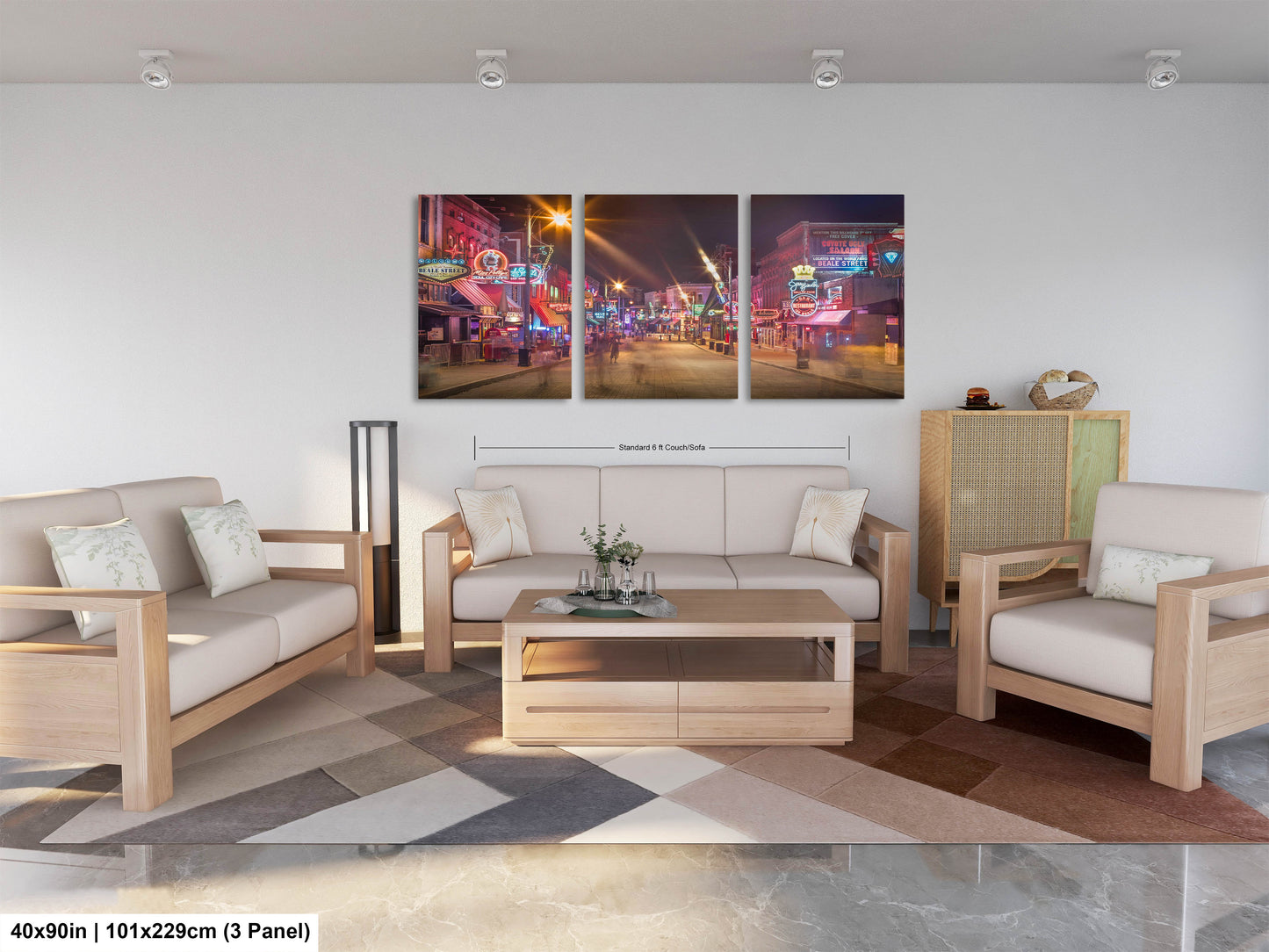 a living room filled with furniture and a painting on the wall