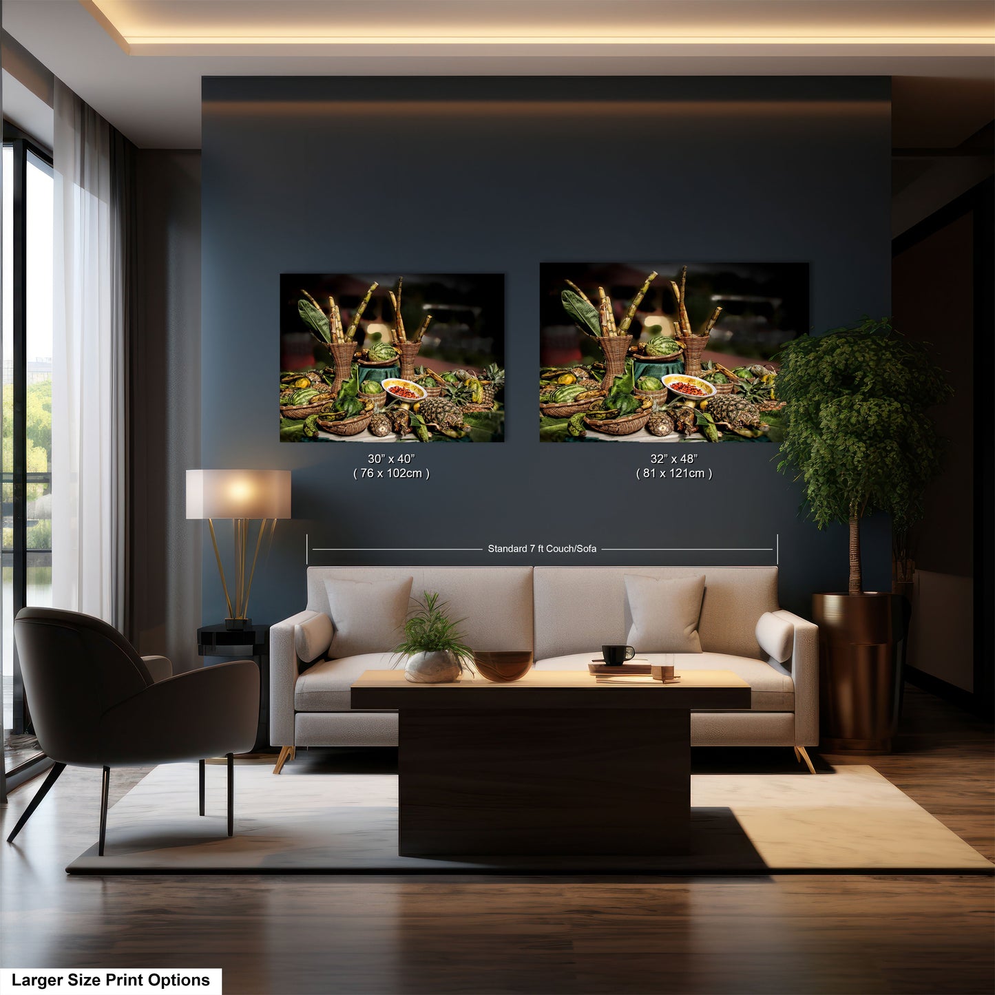 a living room filled with furniture and a painting on the wall