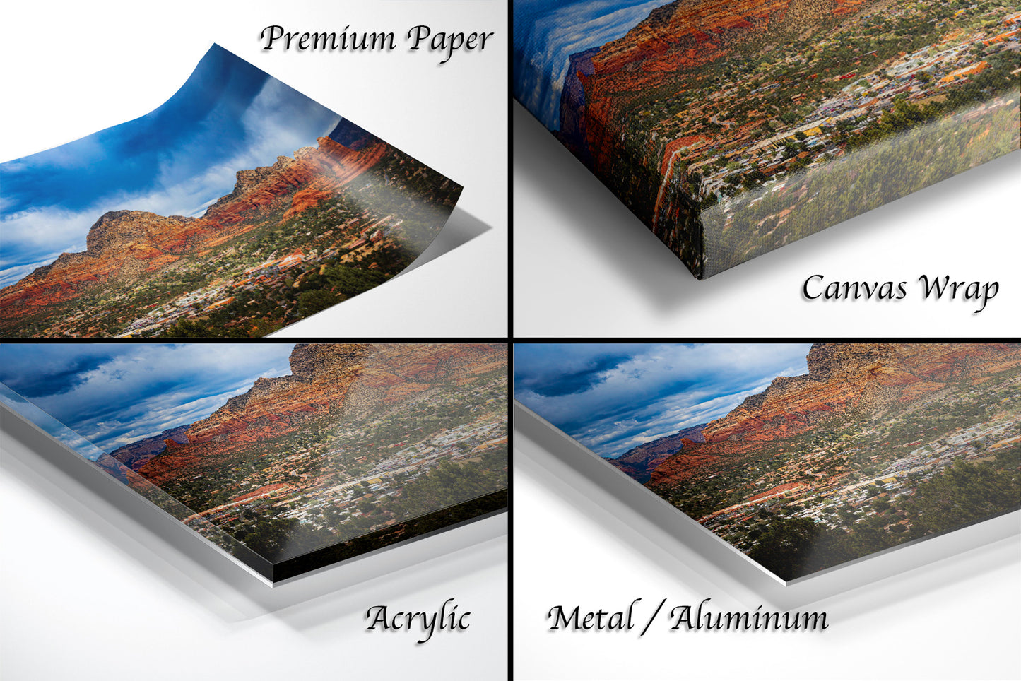 a series of four images of a mountain range