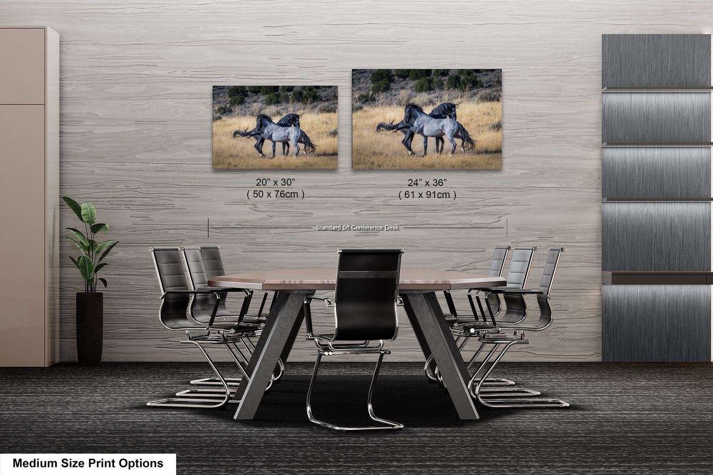 two pictures of horses on a wall above a table