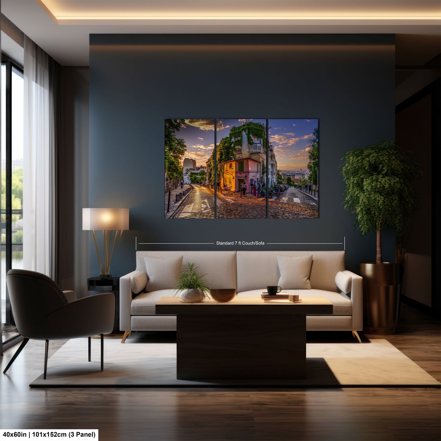 a living room with a couch a table and a painting on the wall