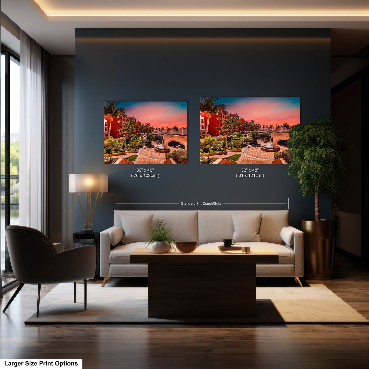 a living room filled with furniture and a painting on the wall