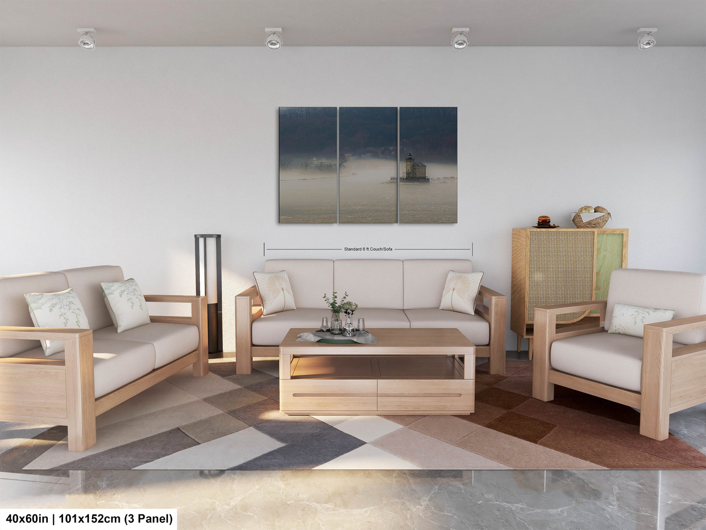 a living room filled with furniture and a painting on the wall