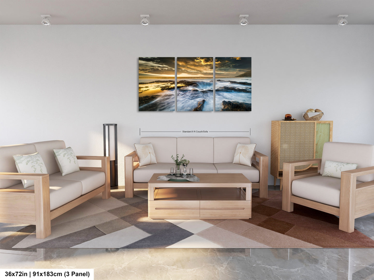 a living room filled with furniture and a painting on the wall