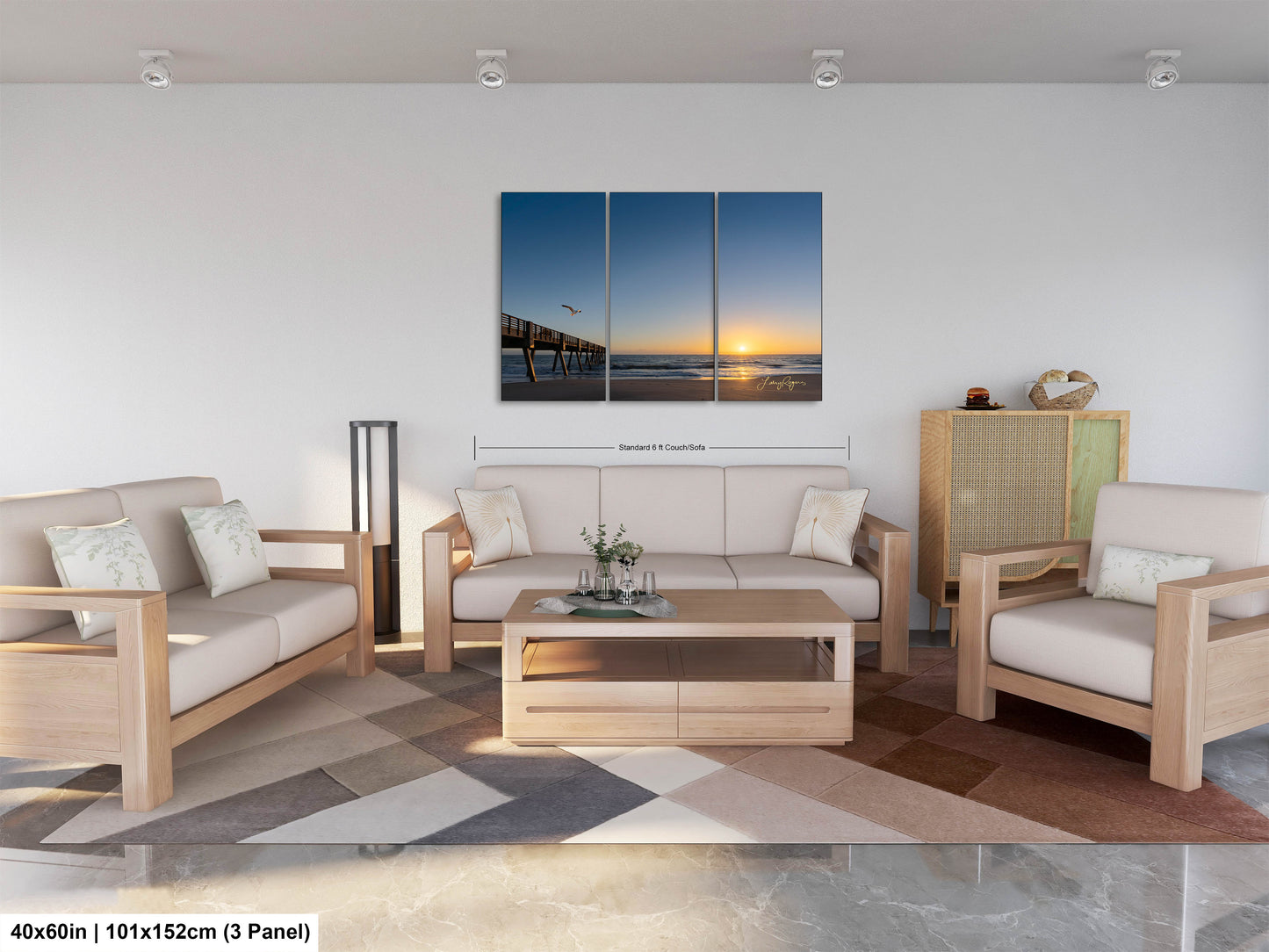 a living room filled with furniture and a painting on the wall