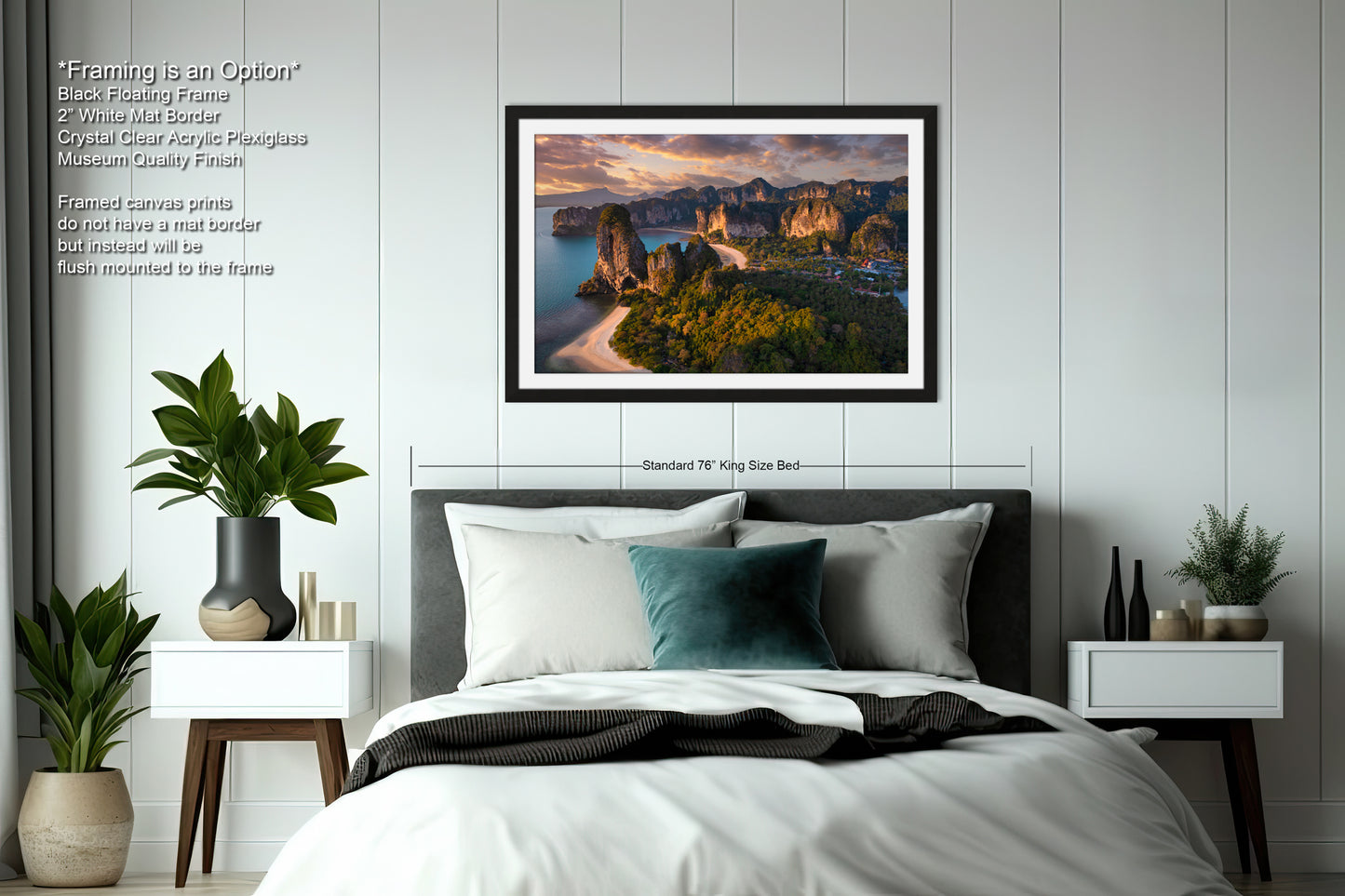 a bedroom with a large bed and a painting on the wall