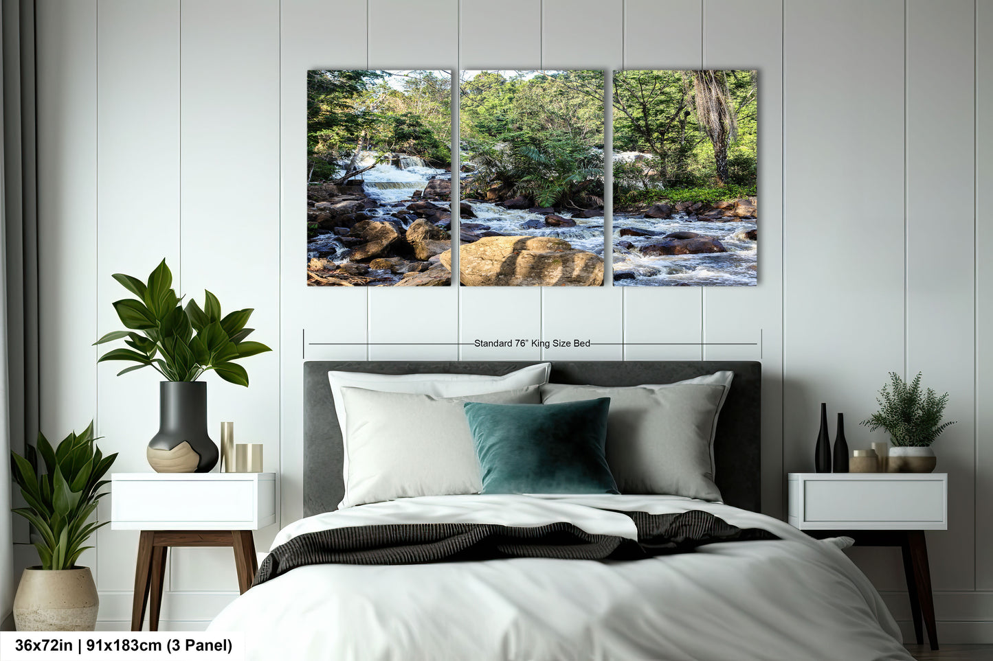 a bedroom scene with focus on the bed and a waterfall