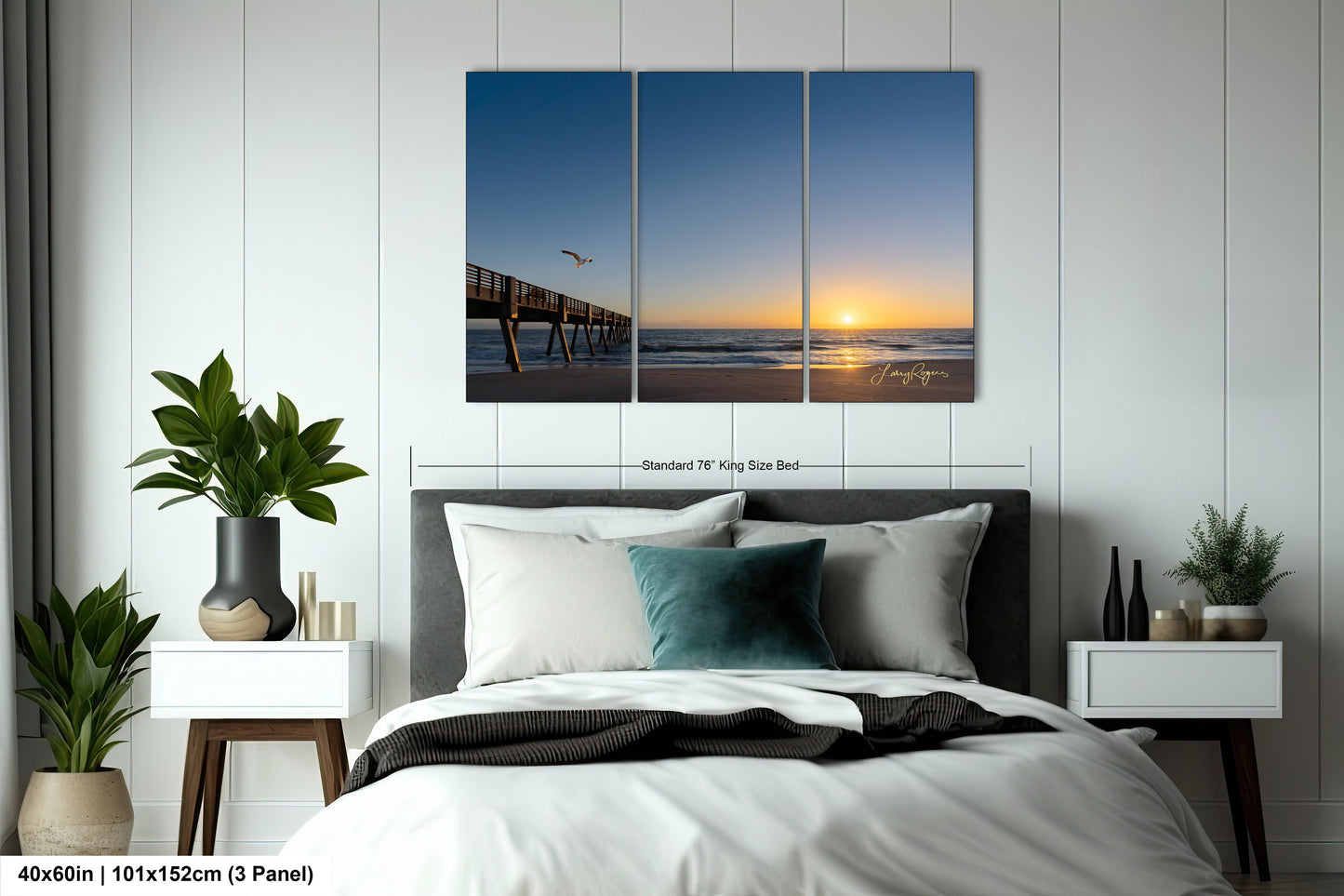 a bedroom scene with focus on the bed and the ocean