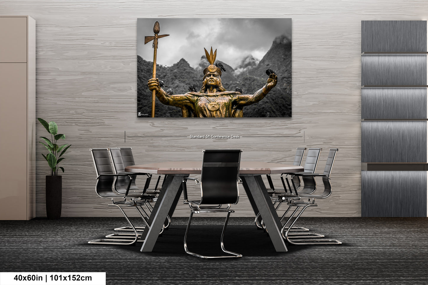 a table with chairs and a painting on the wall
