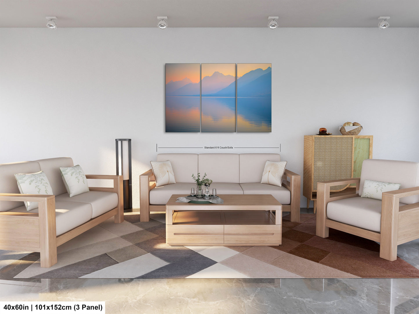 a living room filled with furniture and a painting on the wall