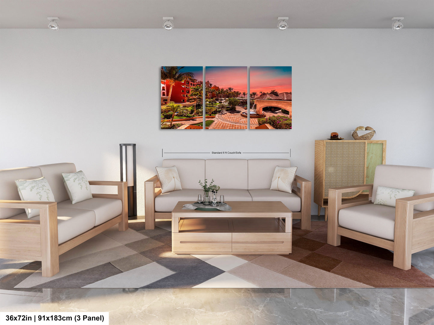 a living room filled with furniture and a painting on the wall