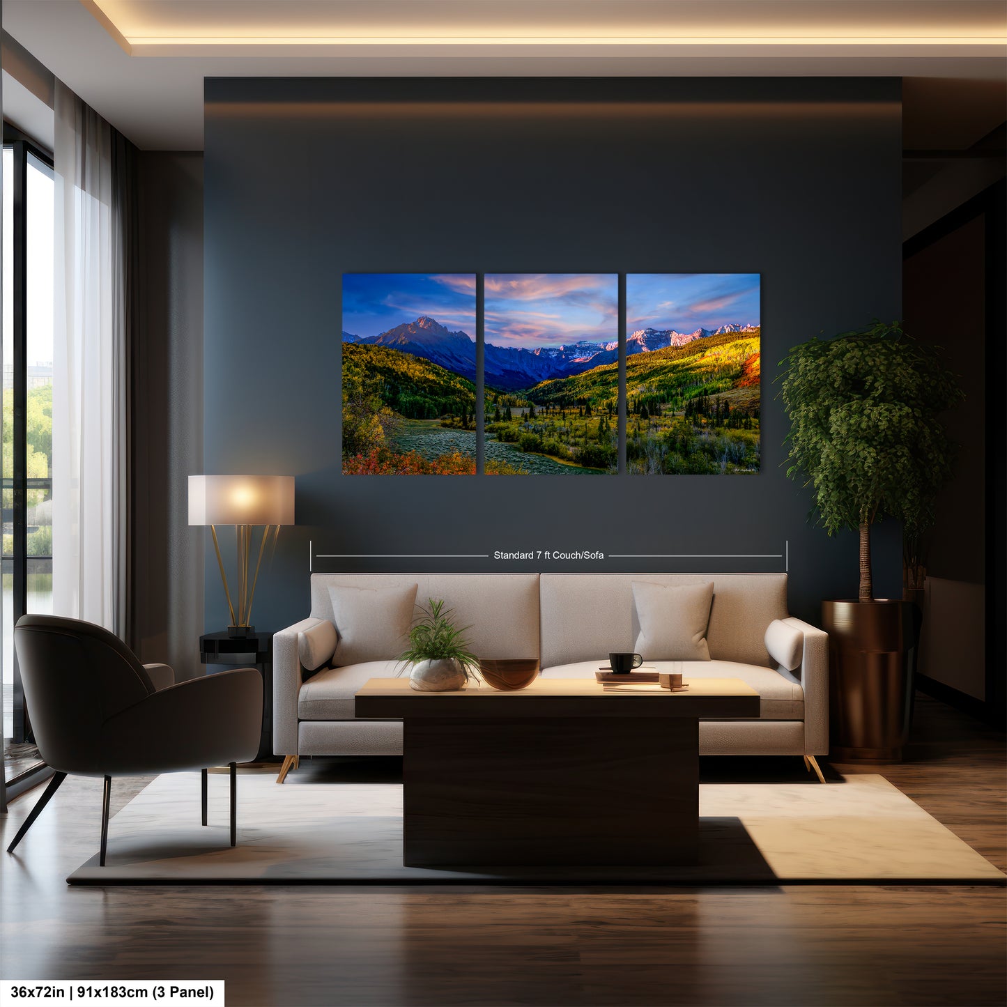 a living room filled with furniture and a painting on the wall