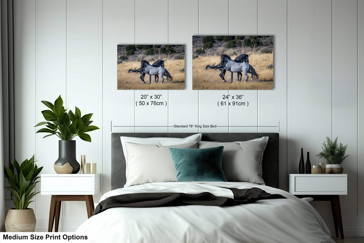 a bedroom with two pictures of horses on the wall