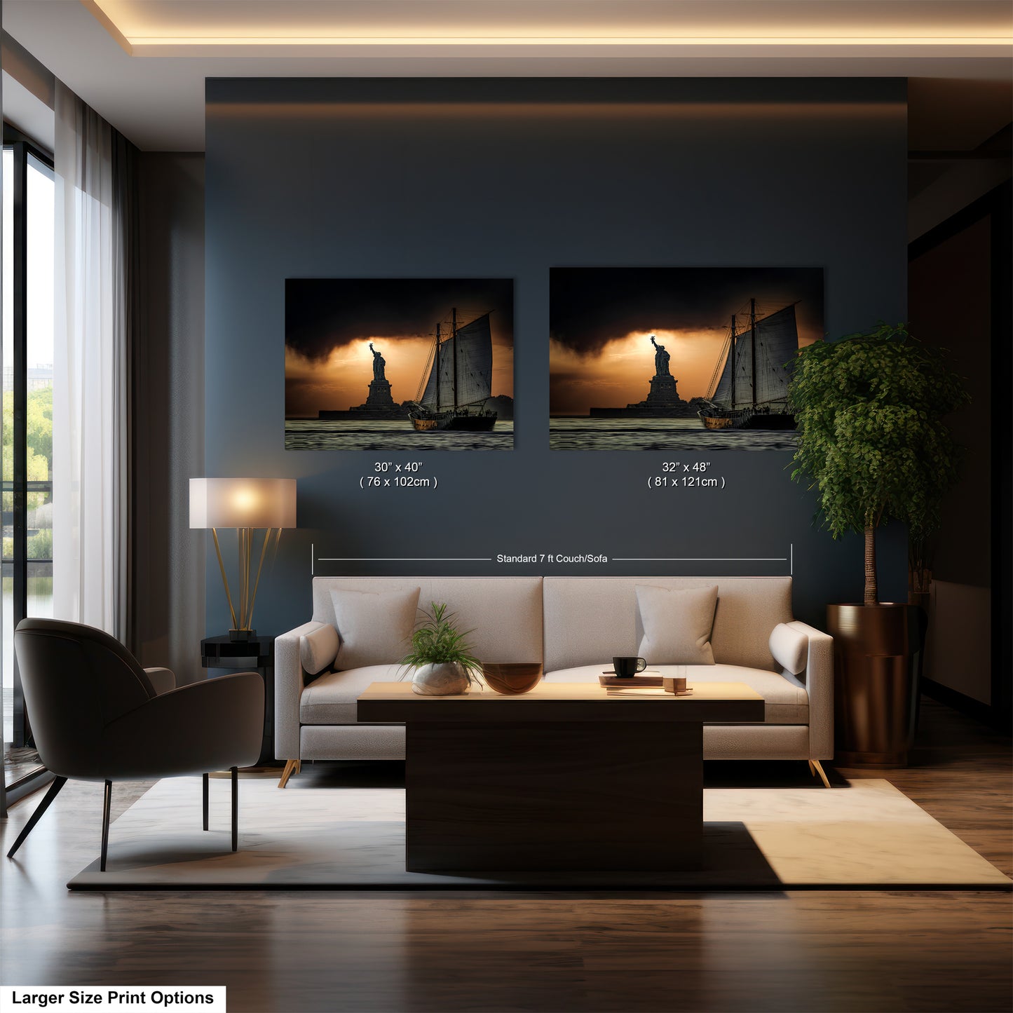 a living room with a couch and two pictures on the wall