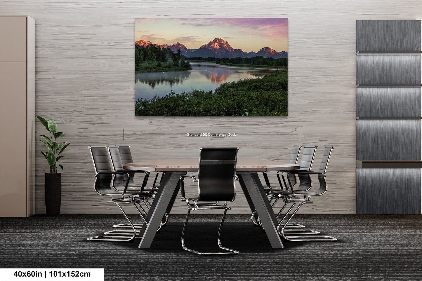 a dining room table with chairs and a painting on the wall